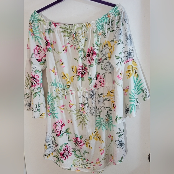 Floral Off-Shoulder Blouse - White with Pink and Green Accents - Picture 4 of 4